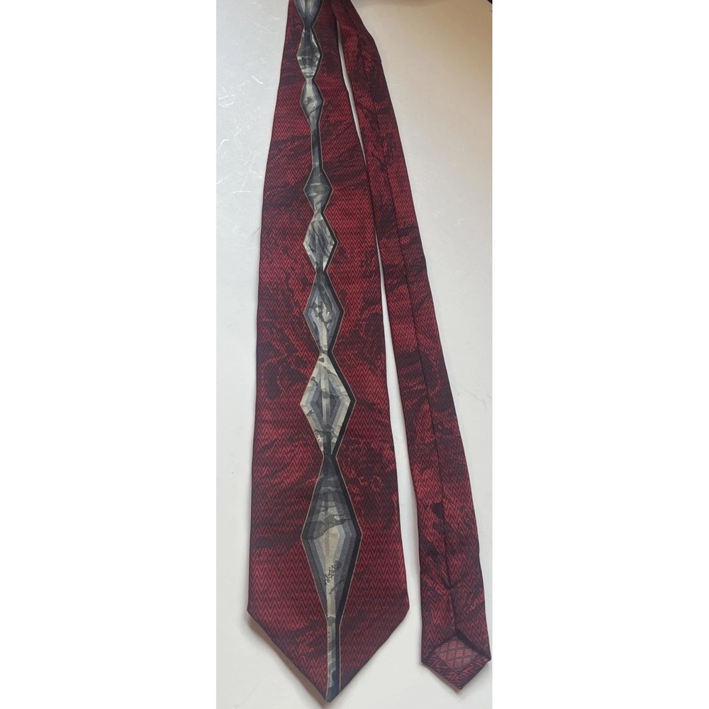 Luciano Gatti Elite Geometric Red Silver Black Hand Made in Italy 100% Silk Tie